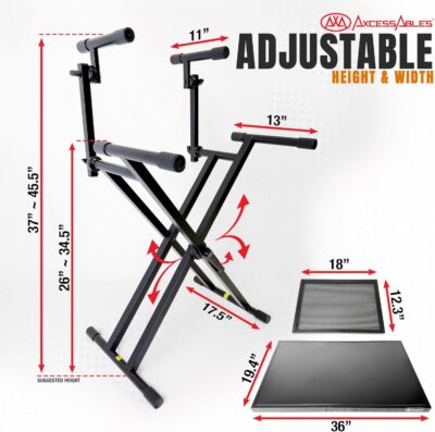 AxcessAbles Portable Two-Tier DJ Table Stand| Two Tier Piano Keyboard Stand for Sheet Music and Tablet | DJ Laptop and Controller Stand | Music Production Workstation | Booth Stand