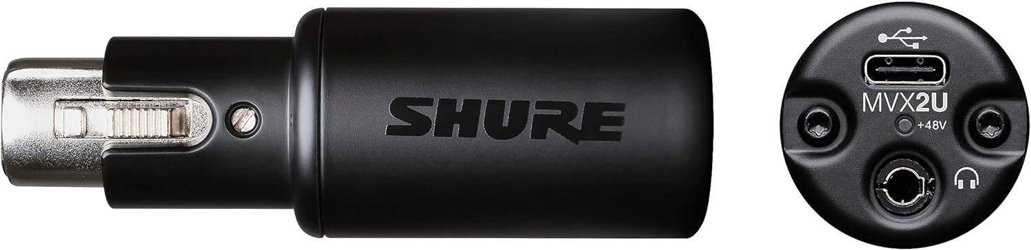 Shure MVX2U XLR-to-USB Interface with Headphone Jack, 60dB Gain, Zero-Latency Monitoring, 48V Phantom Power, ShurePlus App, USB-C Cable
