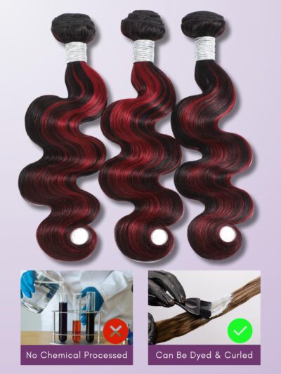 99J Burgundy Highlight Body Wave 3 Bundles Human Hair, 12A 100% Virgin Burgundy and Black Colored Human Hair Bundles Thick Track Ombre Red 99J Brazilian Quick Wavy Weaves Sew In Remy 12 14 16 In