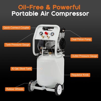 Albott 10 Gallon Vertical Air Compressor, 1.8 HP Electric Air Compressor with Copper Motor, 120 PSI Max, Portable Ultra Quiet Tank for Garage, Nailing, Tire Inflation