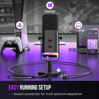 FIFINE USB/XLR Dynamic Microphone for Podcast Recording, PC Computer Gaming Streaming Mic with RGB Light, Mute Button, Headphones Jack, Desktop Stand, Vocal Mic for Singing YouTube-AmpliGame AM8