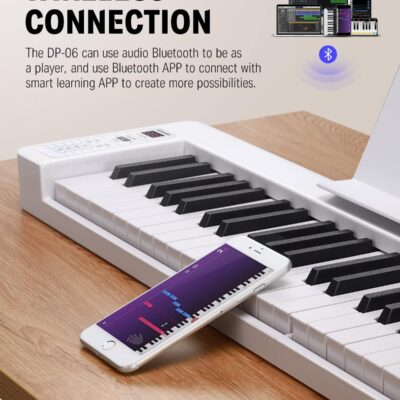 Donner 61-Key Folding Bluetooth Keyboard Piano for Beginners, Portable Piano Keyboard with Music Rest, Bag, Pedal, and App – White