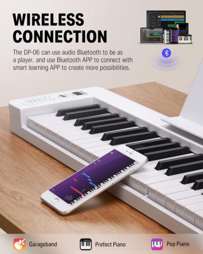 Donner 61-Key Folding Bluetooth Keyboard Piano for Beginners, Portable Piano Keyboard with Music Rest, Bag, Pedal, and App – White