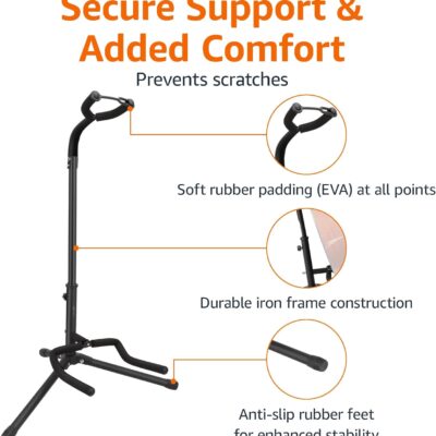 Amazon Basics Height Adjustable Portable Foldable Guitar Stand with Padded Non-Slip Secure Support for Acoustic, Electric, Bass and Banjos, Black