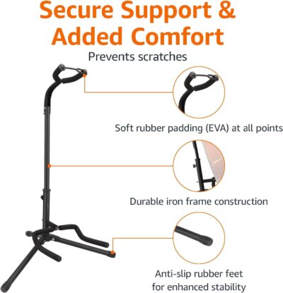 Amazon Basics Height Adjustable Portable Foldable Guitar Stand with Padded Non-Slip Secure Support for Acoustic, Electric, Bass and Banjos, Black