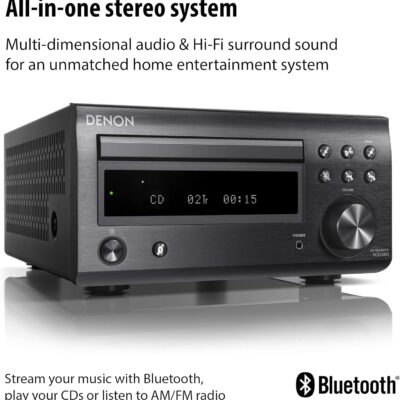 Denon D-M41 Home Theater Mini Amplifier and Bookshelf Speaker Pair – Compact HiFi CD Stereo System with Speakers, FM/AM Tuner, Wireless Bluetooth Amplifier | Perfect for Small Rooms and Home Cinema