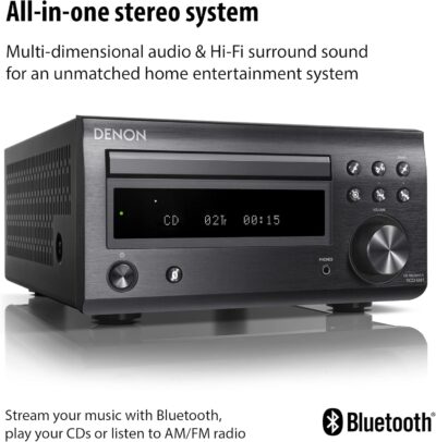 Denon D-M41 Home Theater Mini Amplifier and Bookshelf Speaker Pair – Compact HiFi CD Stereo System with Speakers, FM/AM Tuner, Wireless Bluetooth Amplifier | Perfect for Small Rooms and Home Cinema