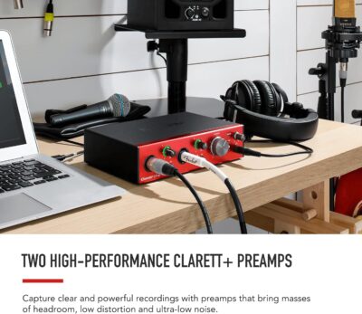 Focusrite Clarett+ 2Pre USB-C Bus-Powered Audio Interface for Music Production, with Two Professional Quality Pre-Amps and Powerful and Transparent Headphone Outputs/Instrument Inputs