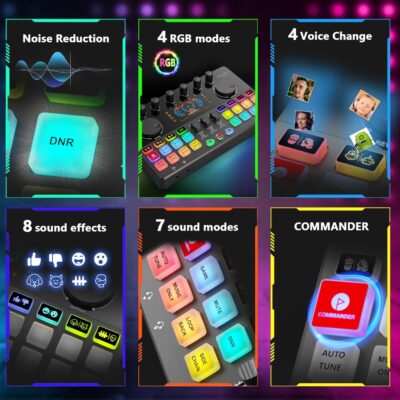 Podcast Equipment Bundle for 4, Audio Interface with 4 Dynamic Microphone, 4 Desktop Mic Stands, Voice Change, DJ Mixer for Vocal Recording Podcasting,Streaming,Singing TikTok, COMMANDER M100 3rd