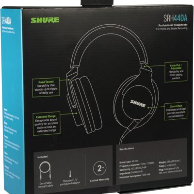 Shure SRH440A Professional Over-Ear Wired Studio Headphones – Monitoring & Recording Headphones with Enhanced Frequency Response, Adjustable & Collapsible Design, Works with All Audio Devices, Black