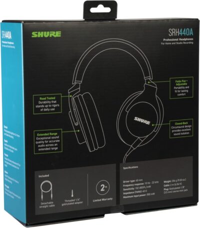 Shure SRH440A Professional Over-Ear Wired Studio Headphones – Monitoring & Recording Headphones with Enhanced Frequency Response, Adjustable & Collapsible Design, Works with All Audio Devices, Black