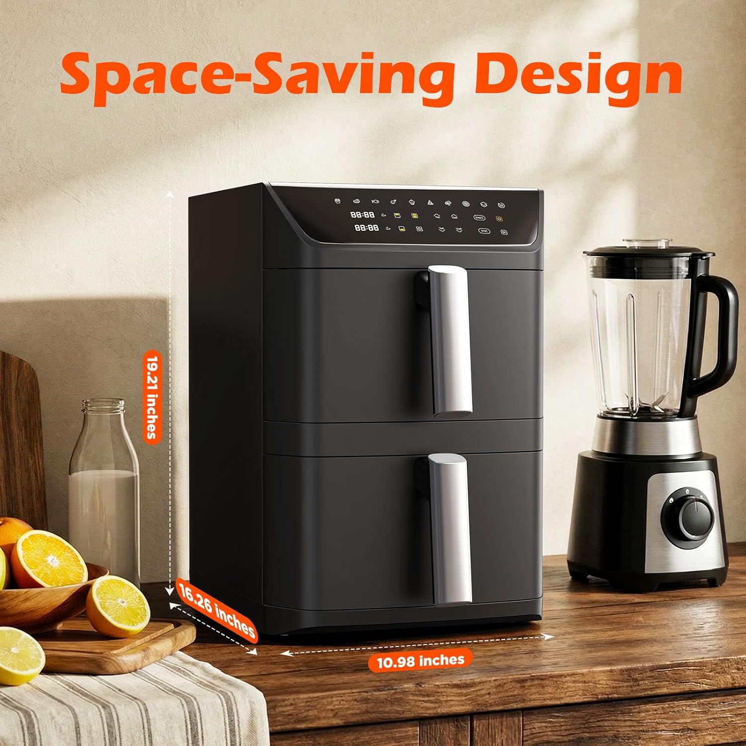 Dual Basket Air Fryer, 12.6QT Family-Size for 10โ12 People, XL Basket for 6LB Whole Chicken, DoubleStack Compact Design, 10-in-1 Functions with Reheat, Dehydrate & SyncFinish, Dishwasher-Safe, Black