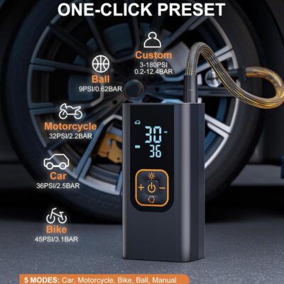 180PSI Tire Inflator Portable Air Compressor, 6X Faster Air Pump for Car Tires with Digital Pressure Gauge, 12V DC Adapter, LED Light, Portable Tire Inflator for Car, Motorcycle, Bike, Obsidian