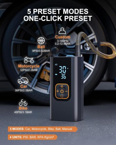180PSI Tire Inflator Portable Air Compressor, 6X Faster Air Pump for Car Tires with Digital Pressure Gauge, 12V DC Adapter, LED Light, Portable Tire Inflator for Car, Motorcycle, Bike, Obsidian