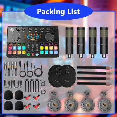 Podcast Equipment Bundle for 4, Audio Interface with 4 Dynamic Microphone, 4 Desktop Mic Stands, Voice Change, DJ Mixer for Vocal Recording Podcasting,Streaming,Singing TikTok, COMMANDER M100 3rd