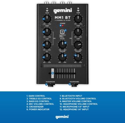 71Bj1lBtBL. AC SL1300 Gemini Portable Bluetooth DJ Mixer – 2-Channel Mini Audio Mixer with Wireless Input, RCA, Mic & Headphone Jacks, EQ & Crossfader – Compact DJ Mixer Board for Beginners & Mobile DJs (MM1BT)