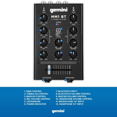 71Bj1lBtBL. AC SL1300 Gemini Portable Bluetooth DJ Mixer – 2-Channel Mini Audio Mixer with Wireless Input, RCA, Mic & Headphone Jacks, EQ & Crossfader – Compact DJ Mixer Board for Beginners & Mobile DJs (MM1BT)