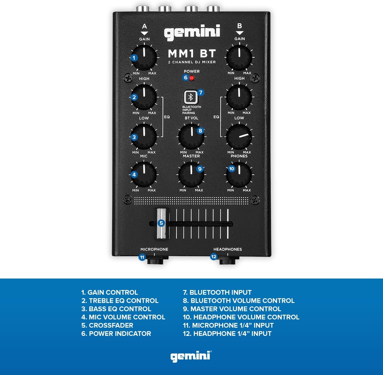Gemini Portable Bluetooth DJ Mixer – 2-Channel Mini Audio Mixer with Wireless Input, RCA, Mic & Headphone Jacks, EQ & Crossfader – Compact DJ Mixer Board for Beginners & Mobile DJs (MM1BT)