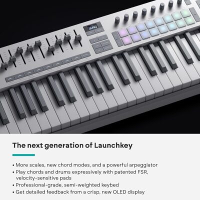 Novation Launchkey 49 White MK4 – 49 Semi-Weighted Key, USB, MIDI Keyboard Controller with DAW Integration. Chord & Scale Modes, 16 Drum Pads, Arpeggiator, & Includes Music Creation Software Bundle