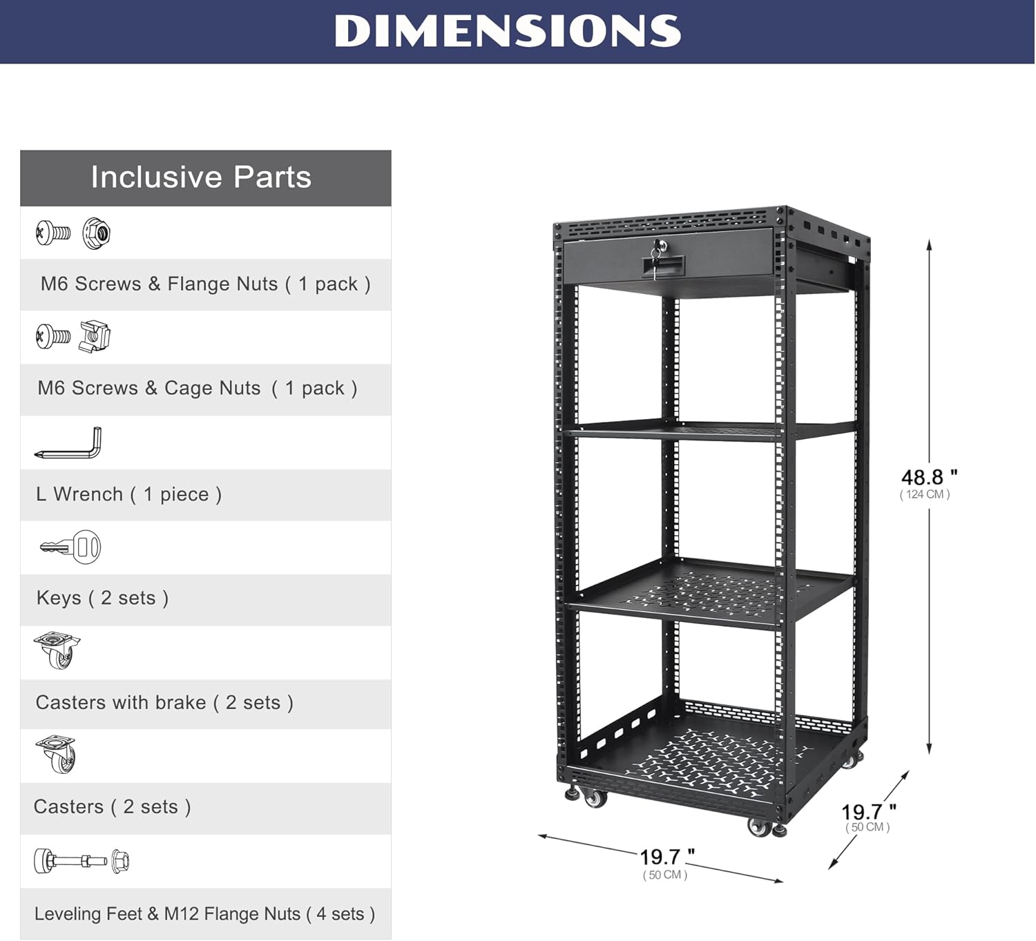 24U Server Rack Cabinet with Drawer & 2 PCS Full Size Rack Shelves – Integrated Top/Bottom Panels, 4 Rolling Wheels for 19 Equipment & Home Lab Studio