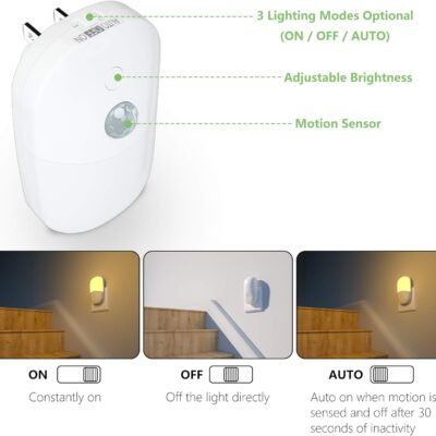 MAZ-TEK Plug in Motion Sensor Dimmable Night Light, Soft Warm White LED Nightlight with Dusk to Dawn Motion Sensor, Adjustable Brightness for Bedroom, Bathroom, Kitchen, Hallway, Stairs,2 Pack