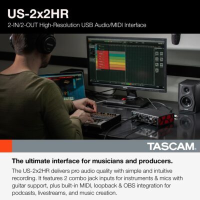 Tascam US-2x2HR 2 Mic 2IN/2OUT High Resolution Versatile USB Audio Interface for Recording, Streaming, Podcasting, Songwriting