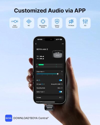 BOYA mini 2 Wireless Lavalier Microphones for iPhone 15/16/17 & Android, AI Noise Cancellation, App Control, 30H Battery Life with Charging Case, Lapel Microphone Wireless for Video Recording Vlogging