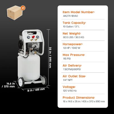 Albott 10 Gallon Vertical Air Compressor, 1.8 HP Electric Air Compressor with Copper Motor, 120 PSI Max, Portable Ultra Quiet Tank for Garage, Nailing, Tire Inflation