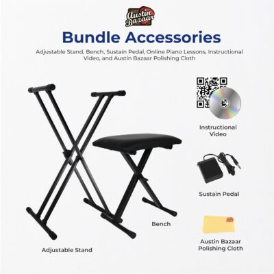 Roland FP-90X 88-Key Digital Piano – Black Bundle with Adjustable Stand, Bench, Sustain Pedal, Online Piano Lessons, Instructional DVD, and Austin Bazaar Polishing Cloth