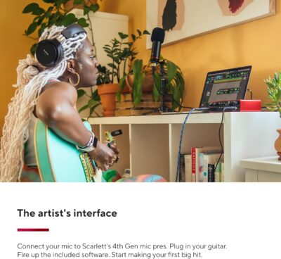 Focusrite Scarlett 2i2 4th Gen USB Audio Interface for Recording, Songwriting, Streaming and Podcasting — High-Fidelity, Studio Quality Recording, and All the Software You Need to Record