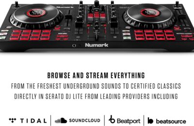 DJ Controller Bundle – DJ Set with 4 Decks, DJ Mixer, Audio Interface, Jog Wheel Displays, FX and DJ Headphones – Numark Mixtrack Platinum FX and HF175