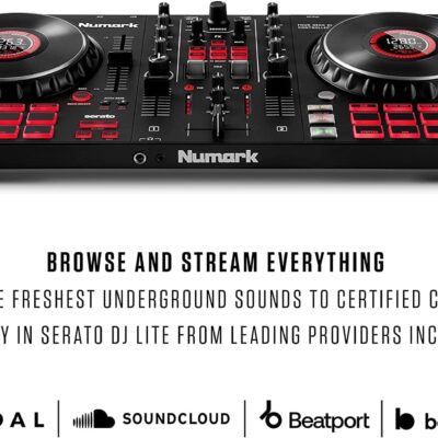 DJ Controller Bundle – DJ Set with 4 Decks, DJ Mixer, Audio Interface, Jog Wheel Displays, FX and DJ Headphones – Numark Mixtrack Platinum FX and HF175