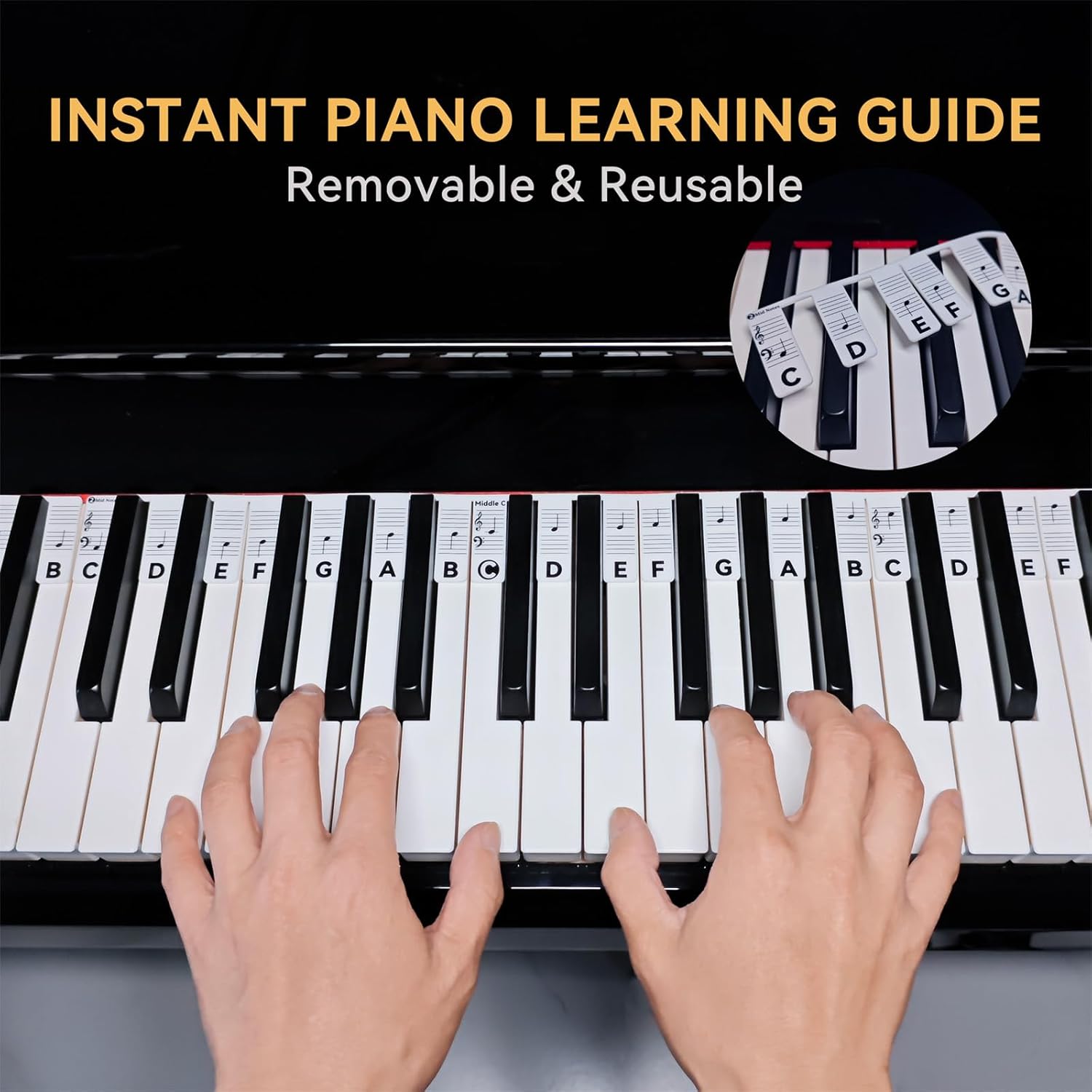 Piano Notes Guide for Beginner, Removable Piano Keyboard Note Labels for Learning, 88-Key Full Size, Made of Silicone, No Need Stickers, Reusable and Comes with Box (Classic BlackοΌ
