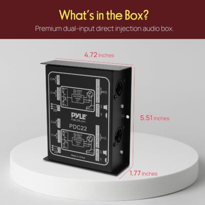 PYLE-PRO Premium Direct Injection Audio Box – Passive DI Unit Hum Eliminator w/ Input Attenuator to Connect Guitar & Bass – 1/4 Inch Impedance Transformer Connector to Balanced & Unbalanced XLR-PDC22 , Black