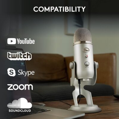 Logitech Creators Blue Yeti USB Microphone for PC, Mac, Gaming, Recording, Streaming, Podcasting, Studio and Computer Condenser Mic with Blue VO!CE Effects, 4 Pickup Patterns, Plug and Play – Silver