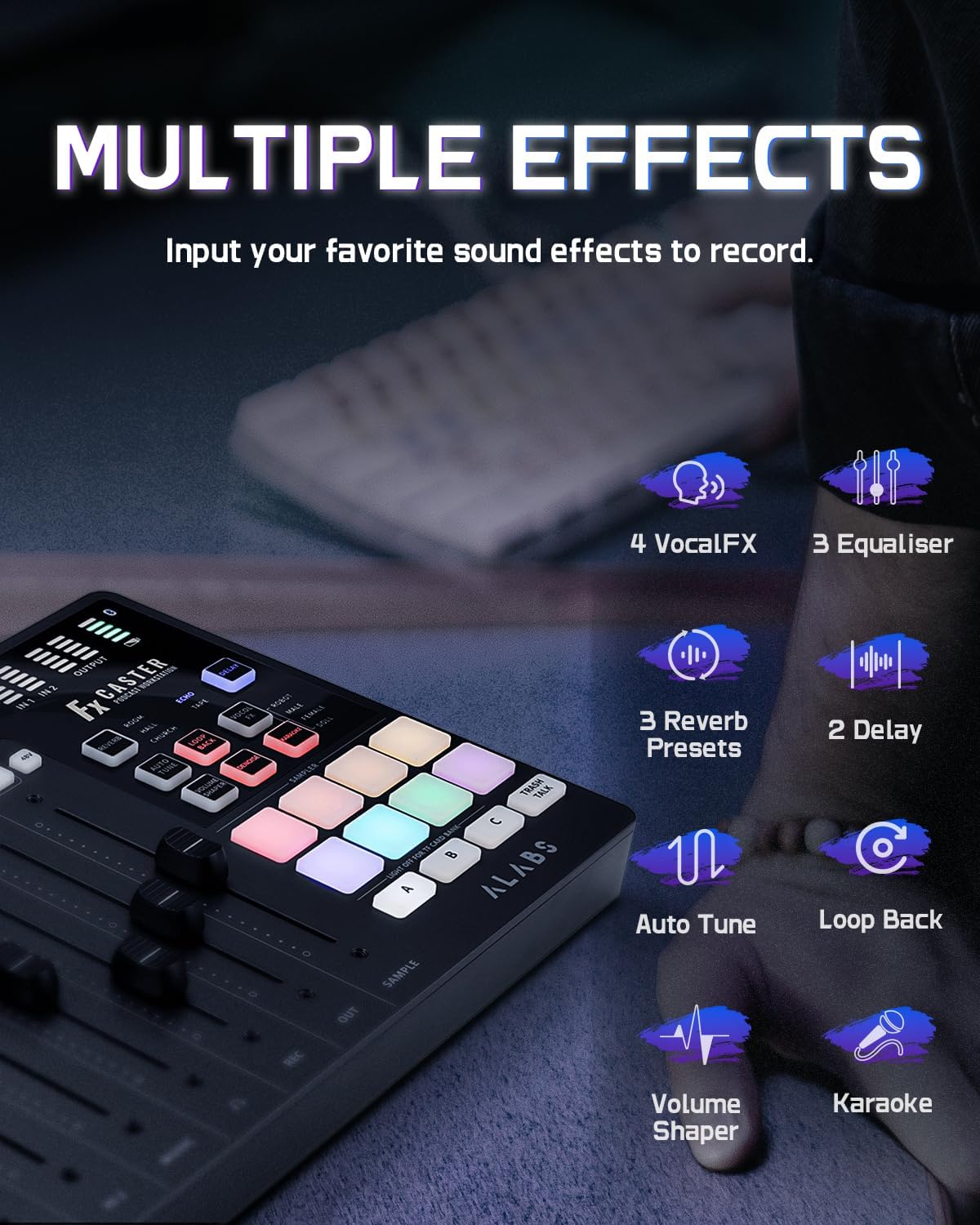 ALABS Fxcaster Podcast Equipment Bundle – All-in-One Podcasting Starter Setup with 7-Channel Soundboard, Audio Interface, and 25mm Diaphragm XLR Microphone for Live Streaming, Recording, and TikTok
