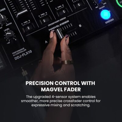 Pioneer DJ DDJ-FLX10 4-Channel Professional DJ Controller – Black Bundle with Laptop Stand, Headphones, and Austin Bazaar Polishing Cloth