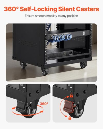 VEVOR 16U AV Rack, Recording Studio Rack Cabinet, Open Frame Server Rack with Locking Caster Wheels, Removable Side Panels & Vent Design for 19 Network, Audio, Video, IT & Network Equipment Mounting
