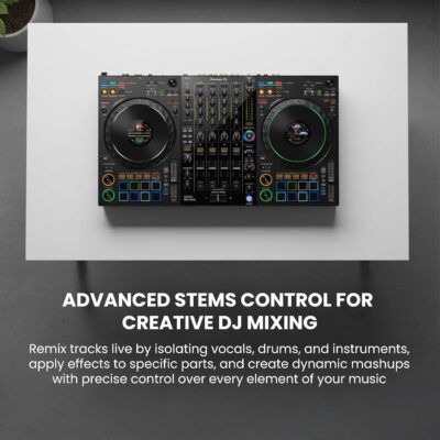 Pioneer DJ DDJ-FLX10 4-Channel Professional DJ Controller – Black Bundle with Laptop Stand, Headphones, and Austin Bazaar Polishing Cloth