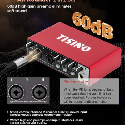 TISINO Audio Interface 24Bit/192kHz, USB Audio Interface for Recording, Songwriting, Streaming and Podcasting, Plug & Play Studio Interface with 48V Phantom Power, PC/Mac/iOS Compatible,RED