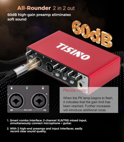 TISINO Audio Interface 24Bit/192kHz, USB Audio Interface for Recording, Songwriting, Streaming and Podcasting, Plug & Play Studio Interface with 48V Phantom Power, PC/Mac/iOS Compatible,RED