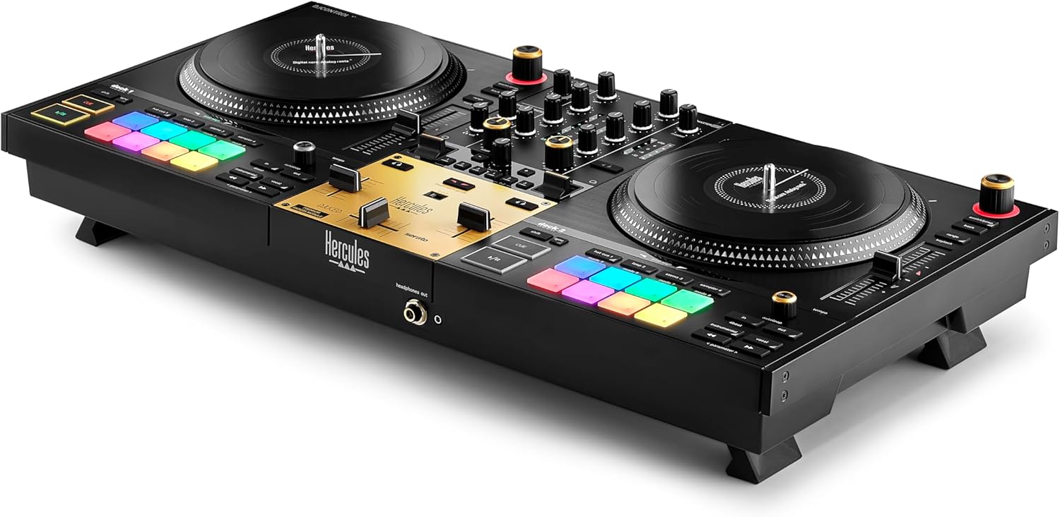 Hercules DJ T7 Premium, 2 Deck Motorized DJ Controller with built in STEMS Control, Serato DJ and DJUCED included Gold