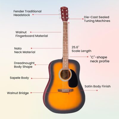 Fender FA Series Dreadnought Acoustic Guitar – 2-Color Sunburst Bundle with Gig Bag, Tuner, Strings, Picks, and Austin Bazaar Instructional DVD