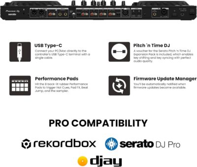 Pioneer DJ DDJ-FLX10 4-Channel Professional DJ Controller – Black Bundle with Laptop Stand, Headphones, and Austin Bazaar Polishing Cloth