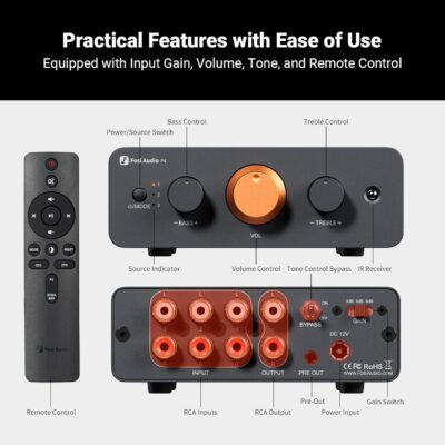 71HSOTXNML. AC SL1500 Fosi Audio P4 Mini Preamp with 3 RCA Inputs, Home Audio Stereo Pre amp for Amplifier/Active Subwoofer/Speakers, Preamplifier with 3-Level Adjustable Gain 3/6/9 dB, Bass and Treble Control