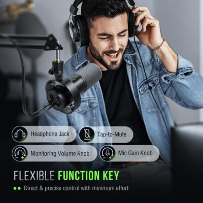 FIFINE K688 Podcast Microphone Kit, USB/XLR Dynamic Microphone with Boom Arm for PC/XLR Mixer, Gaming Mic with Mute Button, Headphone Jack for Vocal, Voice-Over, Streaming, Music Recording -K688CT