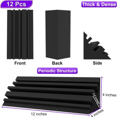 TroyStudio Bass Traps – 12 Pcs 4 X 4 X 12 Inches Dense Thick Studio Bass Foam Corner, Acoustic Treatment Panel Absorbing Echo Reverb, Low Frequency Sound Absorber for Music Room Home Recording Studio