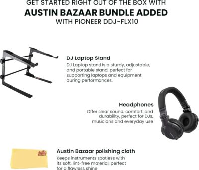 Pioneer DJ DDJ-FLX10 4-Channel Professional DJ Controller – Black Bundle with Laptop Stand, Headphones, and Austin Bazaar Polishing Cloth
