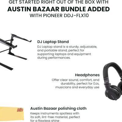 Pioneer DJ DDJ-FLX10 4-Channel Professional DJ Controller – Black Bundle with Laptop Stand, Headphones, and Austin Bazaar Polishing Cloth