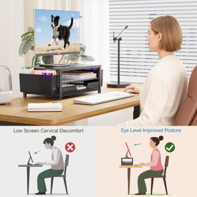 OPNICE Desk Organizers and Accessories, Computer Monitor Stand Riser with Drawer and 2 Pen Holders, Laptop Stand, Office Desk Accessories & Workspace Organizers for Home Office Supplies, Office Book Rack, Black